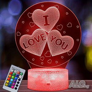 Холограмна 3D LED лампа Сърца i love you-дистанционно управление 16цвята+други режими на управление