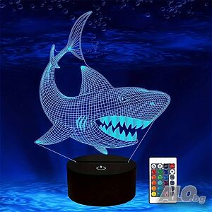Холограмна 3D LED лампа Акула-дистанционно управление 16 цвята+други режими на управление