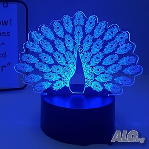 Холограмна 3D LED лампа - Паун,RGB Седемцветен Интелигентен Контрол,USB