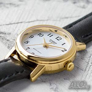 Дамски часовник Casio, черна кожена каишка, златен безел, LTP-1095Q-7B