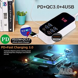 PD QC3.0 Бърза зарядна станция,USB станция за зареждане на телефон 6 порта