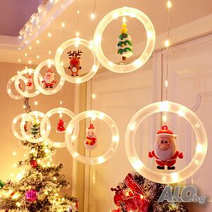 🌟 Светещи LED Рингове с Коледни Фигурки, тип Завеса 3м, 10 Ринга на Батерии. 🎄✨