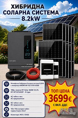 Хибридна Соларна Система 8.2kW, ANERN AN-SCI-EVO-8200 и 18бр. Фотоволтаични панели HYSolar