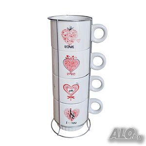 5545 Комплект керамични чаши за кафе на метална стойка Love