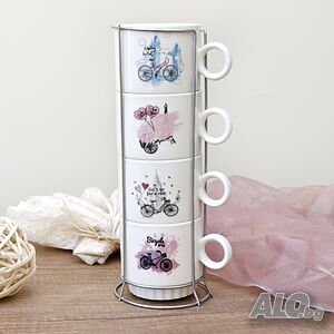 5542 Комплект керамични чаши за кафе на метална стойка Bicycle