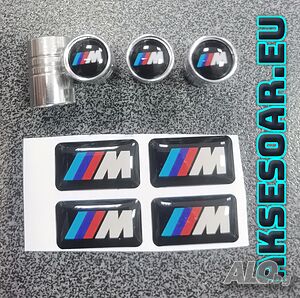 Качествен нов комплект 4 бр. стикери за BMW M Performance + 4 бр. капачки за вентили на гуми за кола