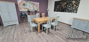 ПРОМОЦИЯ!!! Нова дървена разтегателна трапезна маса от дъб с шест стола