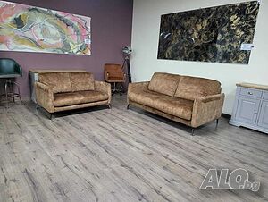 Дизайнерски кафяв комплект дивани от плат кадифе тройка и двойка