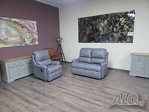 ПРОМОЦИЯ!!! Сив кожен комплект диван двойка и фотьойл G Plan с релакс механизъм