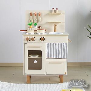 Детска дървена кухня Монтесори с 10 аксесоара, дървена кухня за игра, играчка за деца