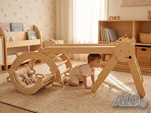 Pikler триъгълник 5 в 1, дървена катерушка Пиклер с рампа, пейка, дъга и люлка, Монтесори