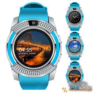 Стилен смарт часовник V8 BLUE с блутут, камера и SIM карта, смарт телефон на ръката ти
