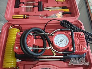 Компресор за гуми Двубутален Двуцилиндров 12V + кабели за акумулатор и инструменти