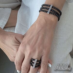 Комплект бижута тройна гривна и троен пръстен от черен оникс - 1001+1002