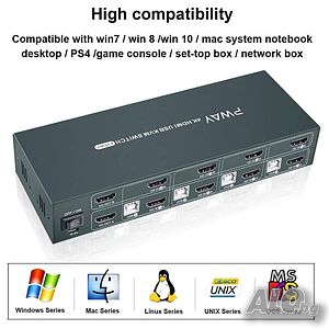 HDMI KVM превключвател 4 порта за 2 монитора, 4K@30Hz, 2× USB 2.0, с кабели