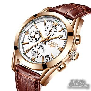 LIGE White Gold 9839 Луксозен мъжки кварцов часовник с кожена каишка