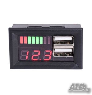 Волтметър 12V, индикатор за ниво на батерията + 2 x USB 5V/2A