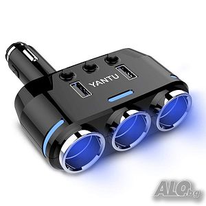 Разклонител За Запалка Yantu B39-2, 3 Гнезда, 2 USB, Бутони За Изключване