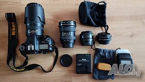 Почти нови Nikon D7100 с раница, статив, 3 обектива, светквица, телеконвертор, филтри