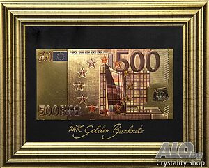 Златна банкнота 500 Евро (цветна) на черен фон в рамка под стъклено покритие - Реплика