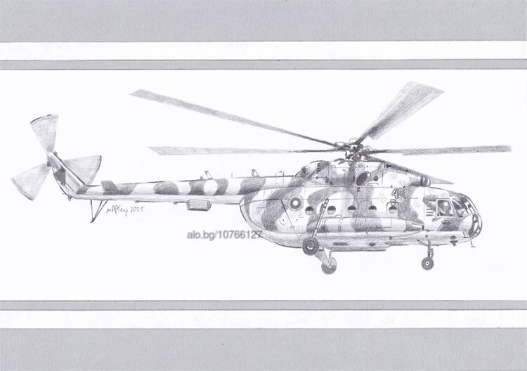 Вертолет Ми-17, рисунка с молив. Картина с мастило/туш/молив 30 cm 21 cm Хартия Мартин Гергински - мАРТгер Оригинал | Картини |