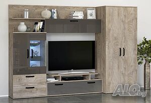 Секция за хол Аврора 280/53/190 см., LED осветление, Гардероб, Витрини, Дъб норте/Кобалт гланц
