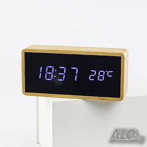 Часовник от истински бамбук - LED сензор за звук, аларма, температура
