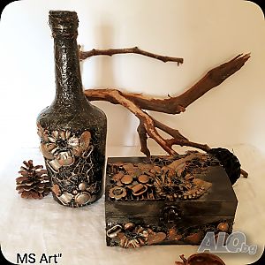Сет кутия за бижута и бутилка микс медия! Ръчна изработка!