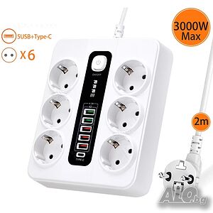 Разклонител Sumker, 6 контакт, 5 бр. USB, 1 бр. C конектор, 220V, 3000W, 10A, бял