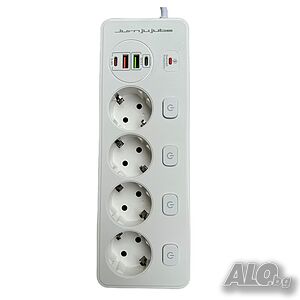Удължител Jurnjujube, защита от пренапрежение, 4 гнезда, 2 USB, 2 Type-C, 3250W, бял, 2 м