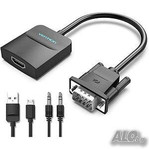 Vention преходник, ACNBB, VGA мъжко - HDMI женско, Активен конвертор със звук, AUX-in и Micro USB за..