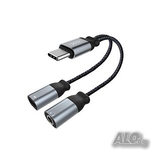 Кабел AUX splitter XO, Type C към женски 3.5 жак и женско Type C, Черен