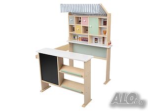 НОВИ! Дървен детски магазин щанд с черна дъска и тента 83x110x75см