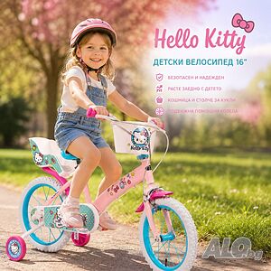 Детски велосипед Hello Kitty 16” с помощни колела, кошница и допълнително задно столче