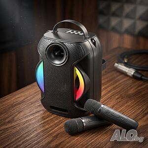 Преносима Bluetooth караоке колона ZQS-W4110 с 2 безжични микрофона, RGB светлини, FM радио