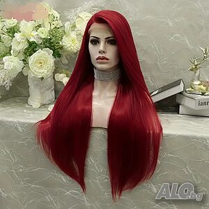Дълга права тъмно червена бордо перука с дантела лейс фронт LACE FRONT