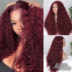 Тъмно червена Бургунди къдрава перука 70 см Lace Front 13x4x1