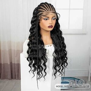 Екзотична черна синтетична перука с пълзящи плитки - Lace Front 13x6