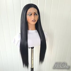 Елегантна черна права перука 70 см с Lace Front дантелен път 13×4×1