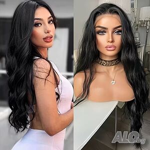 Черна къдрава перука на меки вълни 70 см с дантела 13×4