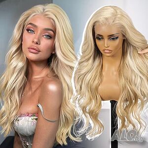 Луксозна плътна чуплива перука 75 см в руси нюанси и фини бели кичури LACE FRONT 13×4