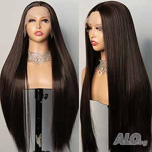 Дълга права тъмнокафява дантелена перука Lace Front 13x6