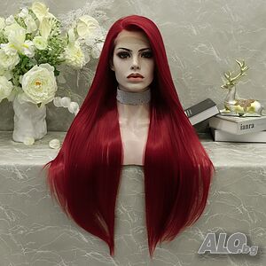 Дълга бордо перука 80 см - права тъмночервена синтетична перука Lace Front 13x4
