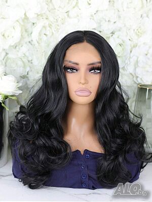 Лейс фронт дантела LACE FRONT черна къдрава перука изкуствен косъм
