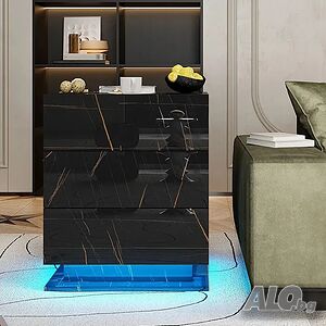 Нощни шкафчета Бял/Черен гланц/мрамор лед LED осветление, 3 чекмеджета