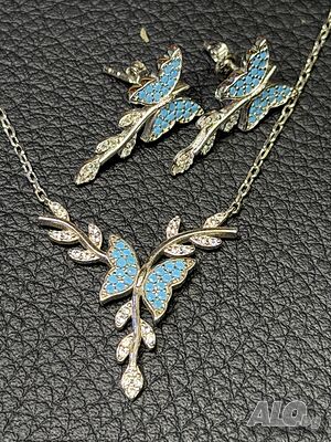Сребърно колие обеци пеперуда тюркоаз 925 silver чисто нов obeci kolie