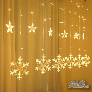 LED Завеса с коледни звезди, снежинки и елени.