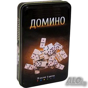 Домино в метална кутия, съдържа бели плочки с цветни точки (270759) ново