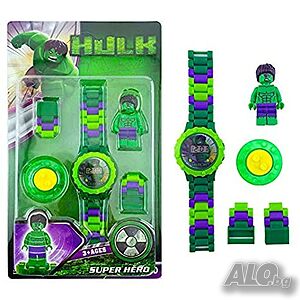 Детски часовник с играчка фигурка тип Лего Hulk Хълк Marvel