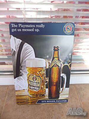 Метална табела бира Paulaner немска халба голяма бутилка бар